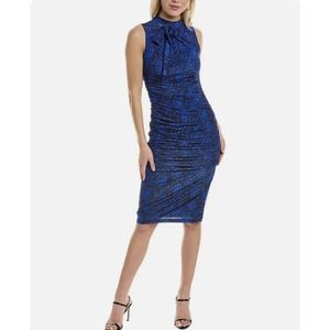 Black Halo Women Shaw Cocktail Dress 0 Ruching Floral Mockneck Tie Slit Hem Blue